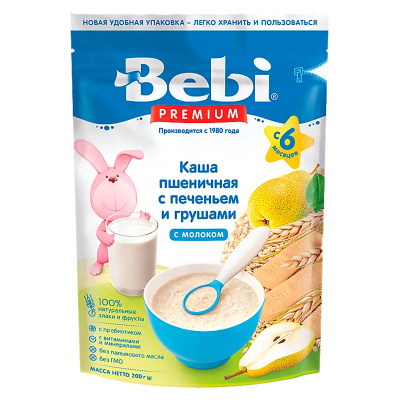 Каша пшеничная с печеньем и грушами с молоком 200 грамм Bebi Premium 87023 1